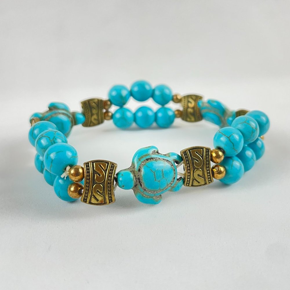 Genuine Turquoise Stone Turtle Stretch Bracelet 8mm Beads